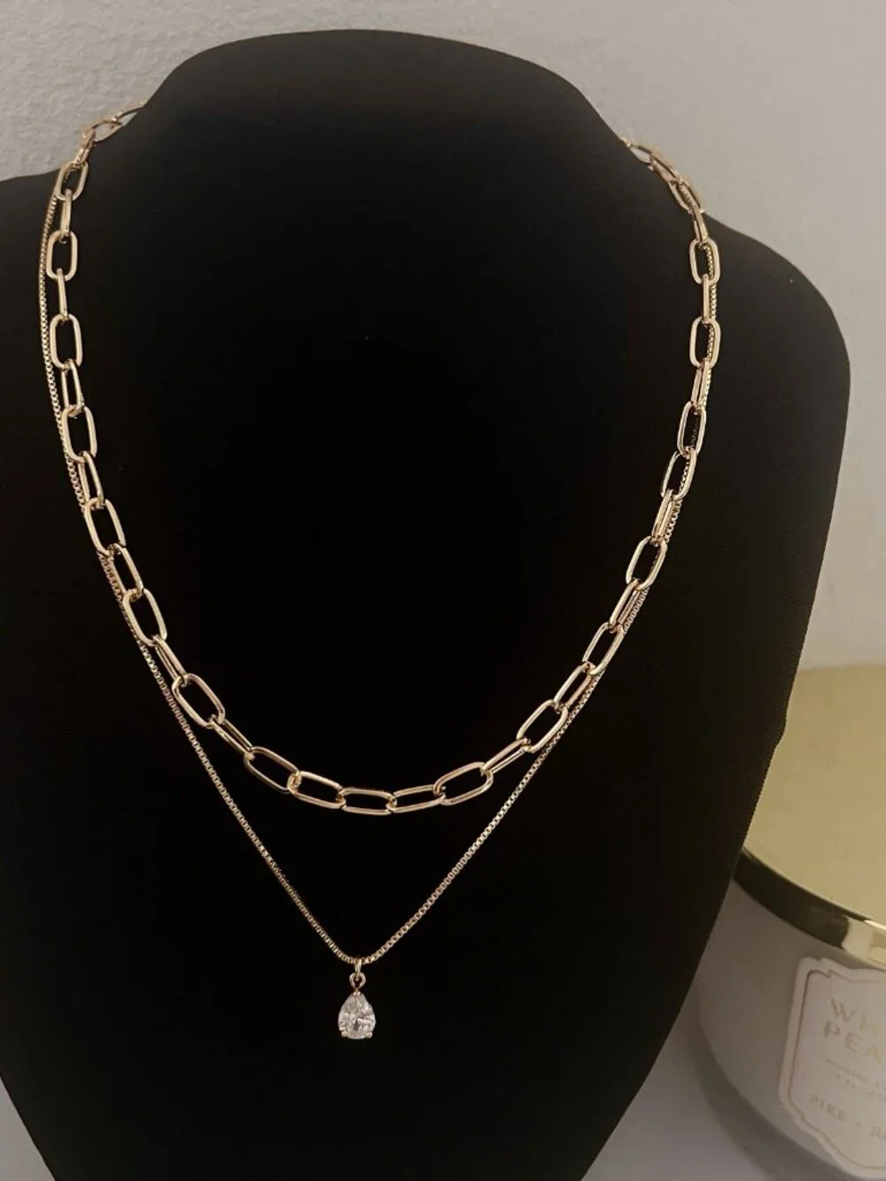 Gold Plated 2pc Layered Tear Drop Paperclip Chain Necklace Set Stainless Steel